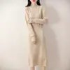 Vestido largo de lana pura con cuello semi-alto y cinturón, elegante vestido suéter adelgazante de otoño e invierno, cálido y casual vestido de punto para mujer