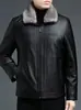 Jaqueta de Couro Masculina Espessa com Gola de Pelo Forrada com Fleece Nova Moda Outono/Inverno 2025 Jaqueta Casual de Negócios para Homens de Meia-Idade e Idosos