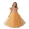 Vestido Longo Formal Europeu e Americano para Meninas com Babados, Vestido Princesa de Manga Curta, Vestido para Daminha de Casamento, Traje de Performance para Apresentadora