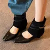 Botines Cortos Cuadrados Retro Franceses Borde Enrollado para Mujer 2026 Otoño Nuevo Estilo Aumento de Altura Interior Hebilla de Cuero Tejido Moda para Viajar Botas Individuales