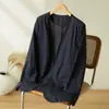 Blazer de Lino para Mujer 2026 Principios de Otoño Nuevo Artístico Retro Holgado Cuello en V Sencillo Sin Botones Top