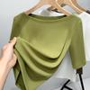 Camiseta para Mulheres 2025 Novo Estilo Cor Sólida Costurada Manga Curta com Elegante Design Ombro a Ombro e Top com Cintura Elástica Ajustável