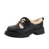 Mocassins com Cadarço e Forro de Fleece para Mulheres, Novo Estilo Outono e Inverno 2026, Sapatos de Salto Baixo, Sapatos Peludos, Sapatos de Couro Versáteis em Estilo Britânico