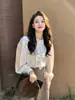 Camisa blanca de satén de acetato con mangas abullonadas estilo francés, camisa de verano fina y elegante para mujer con cuello alto, top protector solar