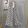 Pantalones de pijama de algodón y seda para mujer, estilo fino de verano, talla grande, pantalones de pierna ancha de cintura alta, adecuados para usar en exteriores, pantalones de playa de seda de algodón artificial, pantalones para casa