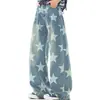 Calça jeans moderna estilo retrô americano com estampa de estrelas por toda a peça, novo design para primavera e outono, calça solta de perna reta e larga