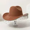 Elegante sombrero de vaquero occidental de fieltro con flecos para hombre, sombrero de otoño de comercio exterior europeo y americano, fedora de ala ancha para mujer, sensación de alta gama