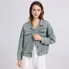 Nova Foto Real Moda Francesa Combinada com Bordado Clássico Desgastado Jaqueta Jeans em Camadas Top Azul Outro Algodão