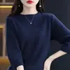 Top de punto de algodón puro con cuello redondo acanalado, nuevo estilo de otoño, moda coreana, camiseta básica elegante, de manga corta, holgado, de color liso para mujer