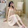 Algodão seda Sling Nightdress Nova Primavera e Verão Saia Artificial Cotton Dot Flower Sexy Over-the-Knee Saia Grande Vestido Longo