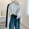 Algodão Puro Primavera e Outono Novo Desenho Cartoon Coreano Padrão Rejuvenescedor Solta e Fashionável Camiseta Branca de Manga Longa Camisa Básica Feminina