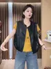 Estilo Europeo 2026 Otoño Nueva Moda Versátil Cuello Redondo Sin Mangas Chaqueta Chaleco de Cuero para Mujer, Holgado y Adelgazante