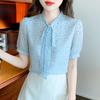Camisa de Manga Corta Estampada con Lunares Azules para Mujer Verano 2025 Nueva Camisa de Gasa con Lazo