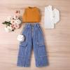 Ropa Infantil Transfronteriza Europea y Americana Conjunto de Dos Piezas para Niñas Verano Liso Sin Mangas Hombro Pulóver Pantalones Vaqueros Rasgados