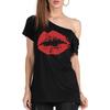 Verano Transfronterizo Europeo y Americano Moda Amazon Sexy Hombro Inclinado Estampado de Labios Camiseta Tops Talla Grande Ropa de Mujer