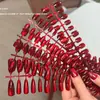 Pontas de Unha Vermelho Brilhante Estilo Cat-Eye, Arte de Unha Cor Sólida Vinho, Peças de Unha Prontas para Noivas, Adesivos de Unha de Ano Novo