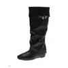Botas Femininas de Outono/Inverno Novas com Salto Interno Aumentador Suede Salto Bloco Fivela de Couro Botas de Cavaleiro Uso Duplo Botas Longas Acima do Joelho