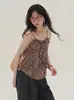 Camisole Vest Midi com Babados e Estampa de Leopardo para Mulheres, Verão Solto Estilo Preguiçoso Sem Mangas Camisa Boneca Top