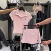 Novo conjunto esportivo casual com bordado de pônei para mulheres, verão, gola polo, manga curta, saia curta estilosa em linha A, conjunto de duas peças