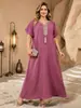 Bata de Casa Cruzada para Mujer con Escote en V Bordada con Borlas Holgada Manga Corta Textura de Algodón y Lino Tallas Grandes