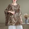 Blusa informal de algodón y lino con cuello redondo, estilo étnico, estampado vintage literario, combinable, para mujer, novedad de verano de 2024
