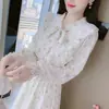 Vestido Longo Floral com Renda e Babados de Temperamento Francês Feminino Outono Afinando a Cintura Laço Linha A Transfronteiriço