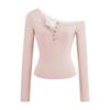 Blusa Feminina de Outono Nova com Ombro Caído Irregular, Botões e Renda, Manga Longa Slim