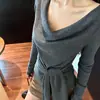 Top Feminino de Tricô com Alça Única e Cintura Marcada, Estilo Francês, Outono/Inverno, Manga Longa, Lindo, Chique, Preto