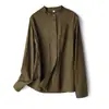 Camisa Popeline Casual Elegante de Manga Longa com Gola Alta, Caimento Solto Ligeiramente Elástico, Bolso Grande, Estilo Europeu e Americano para Exportação, Feminina
