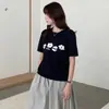 Verão Novo Estilo Americano Color Block Estilo College Desenho Animado Malha Pura de Algodão Top para Mulheres, Gola Redonda, Ombro Normal, Manga Curta Camiseta Atacado