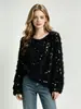 Blusas Tricotadas com Lantejoulas de Pelúcia Resistentes para Outono e Inverno, Estilo Solto e Preguiçoso, Gola Redonda, Mangas Longas, Atacado de Fábrica