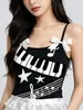 Colete Nicho Feminino Y2K com Estampa Doce e Cool de Nota Musical, Laço Duplo nos Ombros, Design de Borda Franzida, Caimento Ajustado, Estilo Curto, Estilo Hot Girl