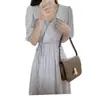 Nuevo Estilo de Verano Chic Coreano Diseño Francés Sentido del Temperamento Cuello en V Atado Cintura Ceñida Solapa Vestido Midi