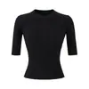 Top de punto ajustado con cuello redondo estilo Lujo Ligero para mujer, Nueva camiseta de manga corta de alta gama negra de Lyocell Tencel para verano
