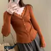 Suéter de Tricô Laranja com Acabamento em Renda para Mulheres no Outono, Estilo Francês Retrô, Macio e Preguiçoso, Inspirado em Dopamina, Super Estiloso