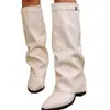 Botas de Calça de Cano Alto Europeias e Americanas de Bico Fino Plus Size Outono e Inverno Exportação Pregueadas Salto Grosso de Manga Moda Botas de Salto Alto para Mulheres 43