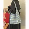 Bolso de mano de punto a rayas estilo coreano para mujer, gran capacidad, bolso de hombro tejido casual, bolso tejido estilo vacacional para el día a día