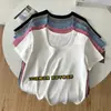 Camiseta de Manga Corta con Hombro Fino en U para Mujer, Color Sólido de Verano, Algodón con Hilo, Alta Elasticidad, Top Básico Versátil