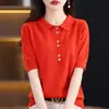 Nuevo Jersey de Punto de Algodón Puro con Cuello Polo de Seis Botones, Manga Corta, Botones, Color Sólido, Holgado, Pulóver, Camiseta Básica, Primavera y Verano 2026