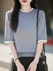 Top de punto versátil, simple y elegante para mujer, de color liso, cuello redondo, manga corta, transpirable, ajuste ceñido, para verano