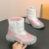 Novas botas de neve infantis transfronteiriças, sapatos de algodão infantis, sapatos quentes e resistentes ao frio forrados com fleece para meninos, sapatos de algodão grossos antiderrapantes para meninas, estilosos, pretos