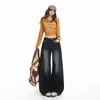 Jeans de mezclilla lavada estilo americano para mujer, tiro alto, adelgazantes, elegantes, pantalones de pierna ancha, pantalones largos azul grisáceo, longitud extendida azul grisáceo, Yichun