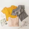 Top Feminino Justo de Manga Curta em Modal com Bojo e Camiseta Básica com Rosca por Dentro e por Fora, Estilo Curto