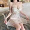 Elegante Ropa Interior Sexy de Satén Sedoso Holgado con Encaje Profundo en V Almohadilla para el Pecho Espalda Descubierta Bata de Noche Conjunto de Ropa para el Hogar 5671