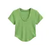 Camiseta sexy adelgazante de estilo europeo y americano para verano, con cuello redondo grande y dobladillo curvo irregular, top ajustado de manga corta