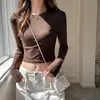Camiseta Pequeña Redonda de Manga Larga para Mujer Hombro Derecho para Otoño e Invierno, Top Sexy de Lyocell Tencel para Ropa Interior y Exterior, Gama Alta