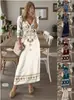 Vestido de Moda Femenina Primavera 2024 Amazon Transfronterizo Estampado de Manga Larga con Cuello en V