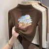 Camiseta de manga larga para niña con forro polar, tejido cepillado, capa interior otoño/invierno, top estampado de cuello alto para niños, ropa de otoño