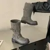 Botas de caña alta con hebilla de cinturón talla grande, nuevo estilo primavera y otoño 2026, tacón grueso, botas de caballero negras vintage desgastadas