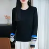 Camiseta base de rayas de alta gama estilo francés 100% algodón con puños de color contrastante para mujer, cuello redondo, corte ajustado, suéter de punto pullover